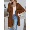 Cardigan tricoté avec poche pour femme manteau ample manteau long moyen ligne de laine