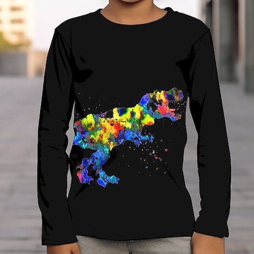 Jungen 3D Graphic Galaxis Dinosaurier T-Shirt Langarm 3D-Druck Sommer Frühling Herbst Sport Modisch Strassenmode kinderkleidung 3-12 Jahre Outdoor Casual Täglich Regular Fit Image