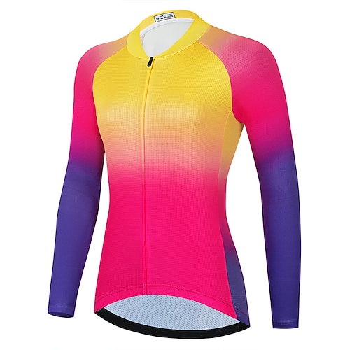 Damen Radtrikot Farbverlauf Langarm Fahhrad Trikot Oberteil mit 3 Gesäßtaschen Mountainbike MTB Straßenradsport Schnelltrocknend Reflektierende Streifen Rückentasche Feuchtigkeitsableitend Sport Gelb Image
