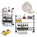 ZQRPCA Industrial Pipe Shelf Wine Rack Wall Mounted with Stem Glass Holder 3-Tiers Rustic Floating Bar Shelves Wine Shelf Real Wood Shelves Wall Shelf Unit for Kitchen/Living Room/Home (36inch)