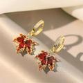 Red Maple Leaf Drop Earrings Inlaid Water Drop Shape Zircon Pendant Sweet Hoop Earrings Holiday Jewelry
