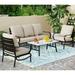 simple VILLA 4 Piece Patio Conversation Sets Outdoor Deluxe Metal Furniture Patio Set with 3 Seater Padded Deep Seating Bench 2 Swivel Cushioned Armrest Sofa Chairs and 1 Good-Looking