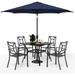 simple VILLA 5 Piece Patio Dining Set with 10ft Umbrella 37 Square Metal Dining Table & 4 Stacking Metal Chair with 3 Tier Navy Umbrella for Outdoor Deck Yard Porch