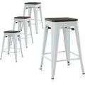 24 Inch Modern Stackable Metal Bar Stools With Wood Seat Indoor Outdoor Restaurant Patio Kitchen Dining Antique Farmhouse Vintage Industrial Steel Metal [Set Of 4] - Wyatt (White)
