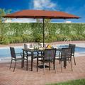 simple VILLA Outdoor 10ft Patio Umbrella Set for 4 with 5 Pieces Dining Table Chairs Metal Outdoor Stackable Wrought Iron Chair Set of 4 & 37 Metal Table 3 Tier Vented Dark Blue