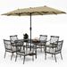 simple VILLA 5 Piece Outdoor Dining Set with 10ft Umbrella 37 Square Metal Dining Table & 4 Cushioned Metal Chairs & 3-Tier Beige Umbrella for Patio Deck Yard Porch