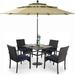 simple & William Outdoor 6 Pieces Dining Set with 4 Rattan Chairs 1 Metal Table and 1 10ft 3 Tier Auto-tilt Umbrella(No Base) Orange Red Modern Patio Furniture for Poolside Porch