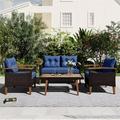 4 Piece Outdoor Patio Furniture Sets All-Weather Wicker Conversation Sets Outdoor PE Rattan Sectional Sofa Chair with Cushions and Coffee Table for Balcony Garden Backyard Brown+Blue