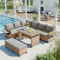 5-Piece Outdoor Patio Sectional Sofa Set All-Weather L-Shaped Garden Wicker Couch with 2 Extendable Side Tables and Washable Covers High Back Conversation Set for Backyard Porch Garden Brown