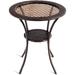 25 inch Patio Wicker Coffee Table Outdoor Backyard Lawn Balcony Pool Round Tempered Glass Top Rattan Steel Frame Side Table Furniture W/Storage Shelf Brown