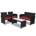 Canddidliike 4 Pieces Patio Rattan Furniture Set Outdoor Patio Furniture with Weather Resistant Cushions and Tempered Glass Tabletop-Red