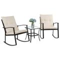 Luwei 3 Piece Outdoor Rocking Chair Set PE Wicker Rattan Small Bistro Set Front Porch Furniture Rocking Chairs Set of 2 Cushioned Patio Rocker Chair Set with Glass Table (Beige)
