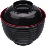 Set Of Japanese Melamine Soup Bowl With Lid Black & Red 8 Ounces Set Of 4 (4 Lids & 4 Bowls) 4 Inches Wide X 2.5 Inhces Deep