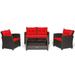 Spaco Patio Furniture 4 Pieces Patio Rattan Furniture Set Outdoor Wicker Rattan Chairs Garden Backyard Balcony Porch Poolside loveseat with Tempered Glass Coffee Table-Red