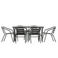 Flash Furniture 7 Piece Commercial Outdoor Patio Dining Set with 60 Tempered Glass Patio Table with Umbrella Hole and 6 Black Triple Slat Chairs