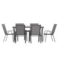 Emma + Oliver 7 Piece Outdoor Dining Set with Tempered Glass Top Patio Table and 6 Gray Flex Comfort Textilene Stacking Chairs