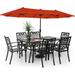simple & William Patio Dining Set for 6 with 13ft Double-Sided Patio Umbrella 8 Piece Metal Outdoor Table Furniture Set - 6 Outdoor Chairs 1 Rectangle Dining Table and 1 Large Navy