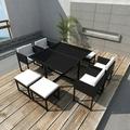 9 Piece Patio Dining Set with Cushions Poly Rattan Black 1 Table with Glass Top 4 Rattan Chairs 4 Stools 8 Seat Cushions and 4 Back