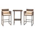 Outdoor 3 Piece Patio Bar Set Bar Height Bistro Table Set for 2 People High Top Wicker Bar Stools and Table Outdoor Bar Set with Cushions and Pillows Brown Gradient Rattan & Beige Cushion