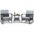 SPBOOMlife 3 Pieces Patio PE Rattan Conversation Chair Set Outdoor Rocking Chair Set with Water-Proof Cushion&Coffee Table for Garden Backyard and Porch (Light Grey)