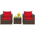 Canddidliike 3 Pcs Patio Conversation Rattan Furniture Set Outdoor Furniture Garden Conversation Bistro Sets with Coffee Table and Cushions-Red