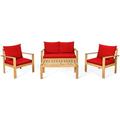 Canddidliike 4 Pieces Patio Solid Wood Furniture Set with Includes Coffee Table and Ottoman Patio Conversation Sets with Solid Wood Frame and Comfortable Washable Cushions Red