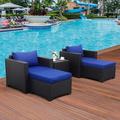 5-Piece Outdoor PE Wicker Furniture Set Patio Black All Weather Resin Rattan Chairs and Ottomansï¼ŒSectional Conversation Sofa Set with Royal Blue Cushion