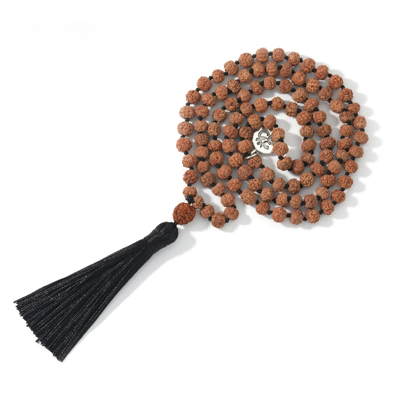 108 Original Rudraksha Mala Perlen Yoga Meditation Quaste Japamala Halskette für Frauen Anhänger mit schwarzer Quaste Image