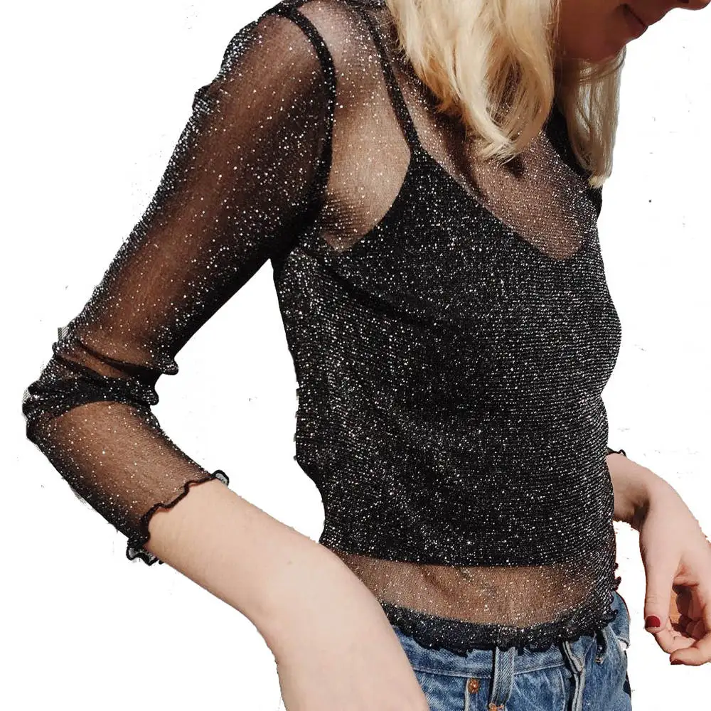 Sexy Mesh Shiny Langarm T Shirt Frauen Frühling Transparent Club Party Schwarz T-shirts Sexy Dünne O Hals Kurze Tops