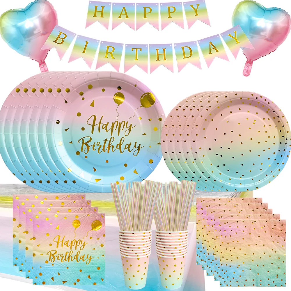 Vaisselle jetable d'anniversaire arc-en-ciel, assiettes dégradées à points dorés, tasses, serviettes pour filles, décoration de fête arc-en-ciel, fournitures de mariage