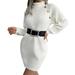 iOPQO Winter Dresses for Women 2024 Long Sleeve Dress Womens Womens Fashion Casual Long Sleeve Knit Turtleneck Long Puff Sleeve Ribbed Knit Short Dress Sweater Women s Sweater Dress White L