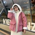 PIKADINGNIS Pink Corduroy Hooded Coat Women Autumn Winter Thicken Warm Plush Jackets Woman Korean Loose Pockets Casual Parkas