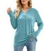 Women Long Sleeve V-neck Pleated Buttons T-shirt Solid Casual Tops Loose Blouse
