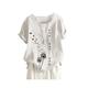(White, 5XL=UK 24) Women's Cotton Linen Short Sleeve Tops Ladies Summer Floral Loose T-shirt Blouse