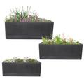 Fibre Clay Trough Planters Indoor Plant Pots Outdoor Planters Ribbed Finish Flower Pot Box Planters Patio Decking Lawn Doorstep Porch Houseplant Shrub Topiary Bush Square Plant Pots (Black, Full Set)