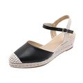 IJNHYTG sandal PU Ladies Open Toe Wedges Sandals Summer Ladies Ankle Strap High Heels Ladies Straw Casual Espadrilles Dress Shoes (Color : Black, Size : 5.5)