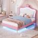 Twin Size Upholstered Platform Bed with LED Lights and Crown Headboard,Solid & Sturdy