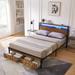 Queen Size Metal Platform Bed Frame with Wooden Headboard and Footboard with USB,Charging Station,2 Drawers,LED Lights