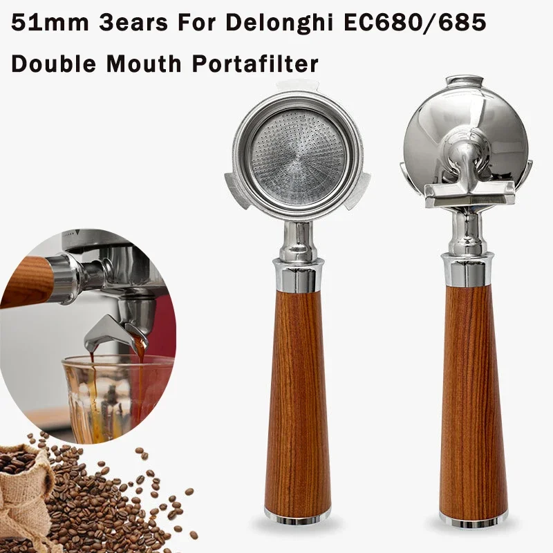51 mm 3 Ohren Kaffee-Siebträger für Delonghi Dedica Ec680/685 Kaffeemaschine, Edelstahl, Doppelauslauf, Kaffeegriff, Utensil Image