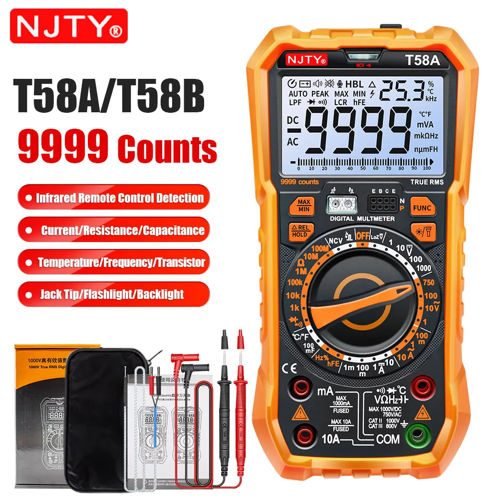 TY T58A/B NCV Digitalmultimeter, 9999 Wörter, automatische Bereichswahl, AC/DC-Spannungsmesser, Blitzlicht, Hintergrundbeleuchtung, großer Bildschirm wie RM113D Image