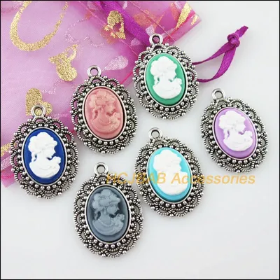 6Pcs Tibetan Silver Color Oval Beauty Mixed Resin Charms Pendants 22x32mm
