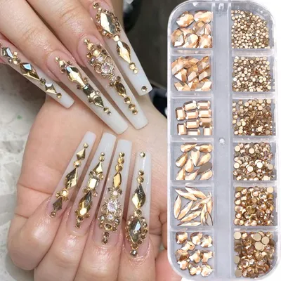 720/1000pcs Champagne Nail Art Rhinestones 5/10pcs Shaped Gem 75/120pcs Mini Diamond Mixed Sizes
