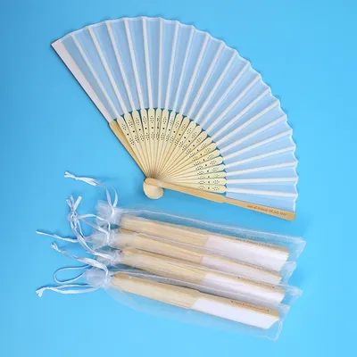 20 /80 PCS Personalized Engraved White Folding Elegant Silk Hand Fan with Gift bag Wedding &