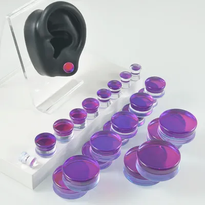 1Pair Quality Purple For Women Glass Iridescent Double Flare Flashback Ear Plugs Tunnel Ear Gauge
