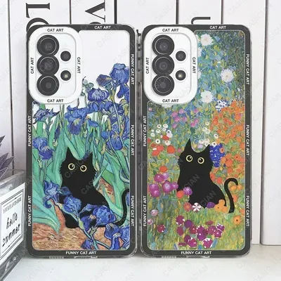 Funny Cat Art Claude Monet Van Gogh Water Lilies Irises Phone Case For Samsung Galaxy S25 Ultra S24 Plus S23 FE A56 A55 A54 A36