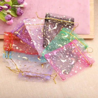 25/50pcs 7x9/9x12/10x15/13x18cm Star Moon Organza Gift Bags Mini Sachet Gold Color Drawstring Bag
