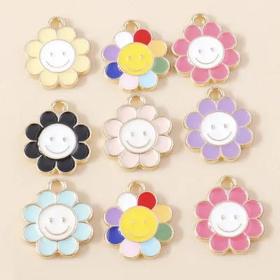 10pcs New In Enamel Plant Charms Colorful Smile Flowers Charms for DIY Jewelry Making Kawaii Earrings Bracelet Necklace Pendants