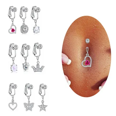 1pc Fake Belly Button Ring for Women Faux Piercing Heart Dangle Navel Ring Clip Non Piercing