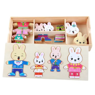 Cartoon Wooden Toy Rabbit Changing Clothes Puzzles Montessori Educational Dress Changing Jigsaw