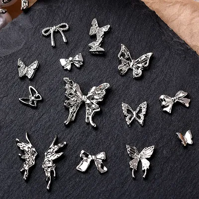 20PCS Silver Alloy Butterfly Nail Art Bow Charms Accessories Parts For Manicure Doecr Retro Nails